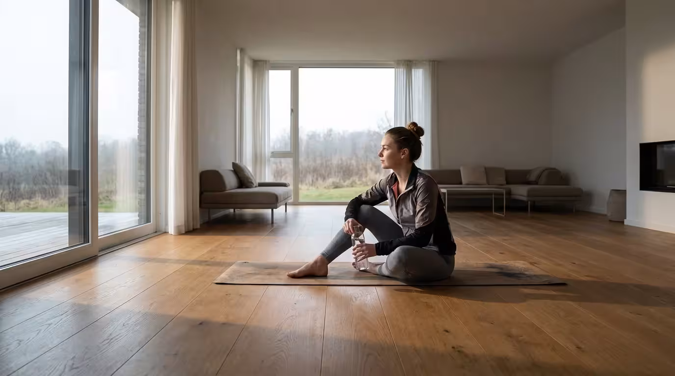 Woman sitting on yoga mat looking out window during a workout break