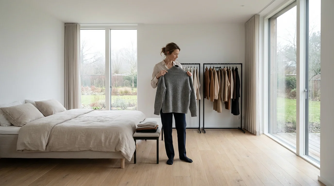 Woman sorting clothes in a minimalist bedroom during a seasonal wardrobe review.