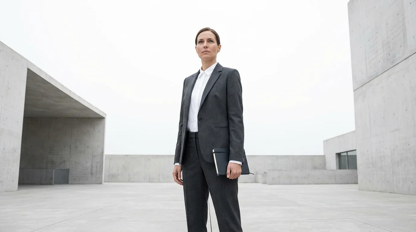 Woman standing confidently in a minimalist concrete plaza under bright overcast sky symbolizing prioritization.