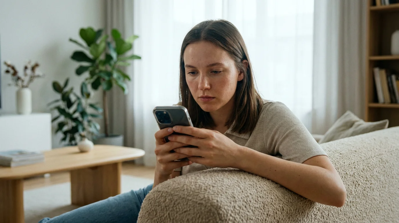 Woman staring intently at smartphone screen in a bright, modern living room setting.