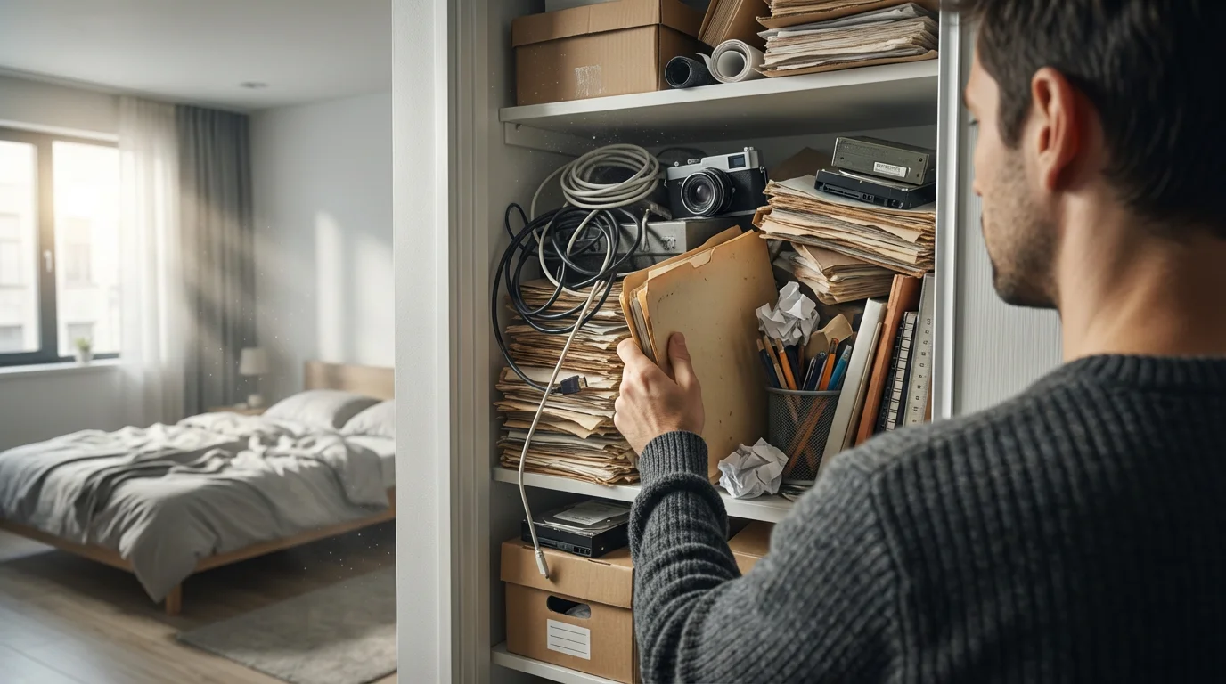 Woman starting to empty a messy, cluttered closet to transform it into a small office nook.
