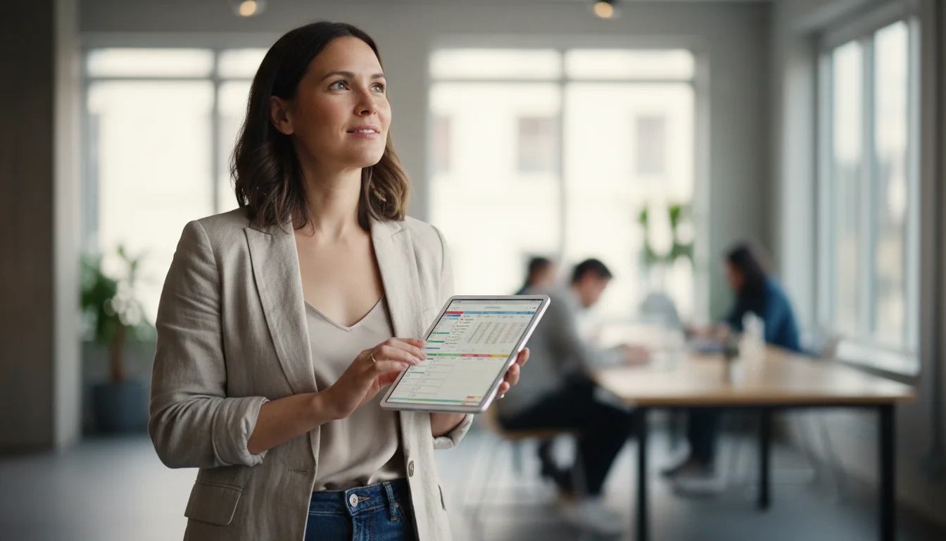 A woman thoughtfully looks up from a digital planner on a tablet, appearing to have found clarity in a calm, modern setting.