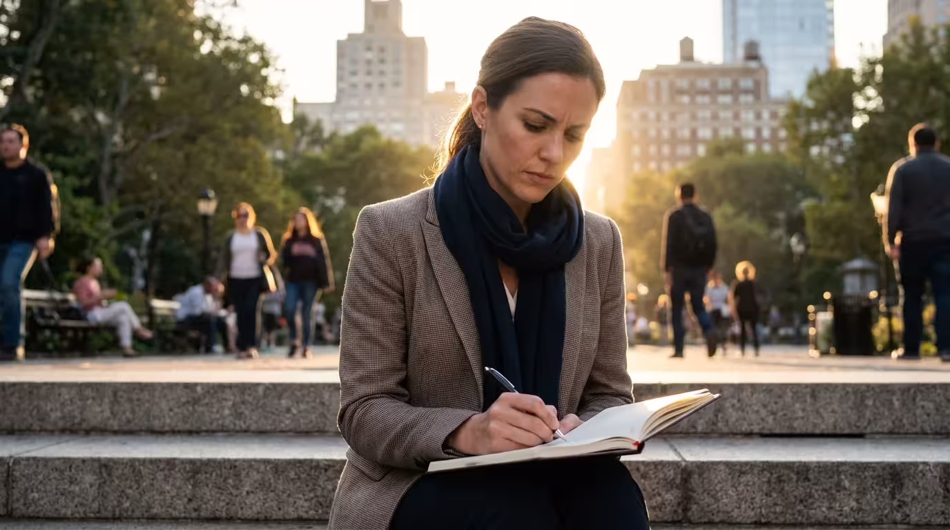 Woman writing in notebook outdoors during golden hour to practice selective attention drills.