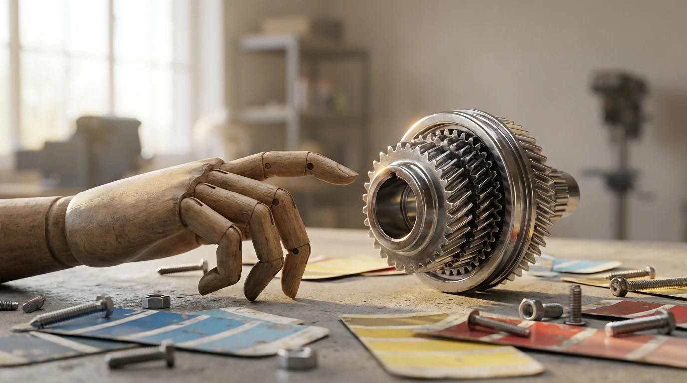 Wooden artist mannequin hand touching a metal gear on a desk with mixed creative tools.