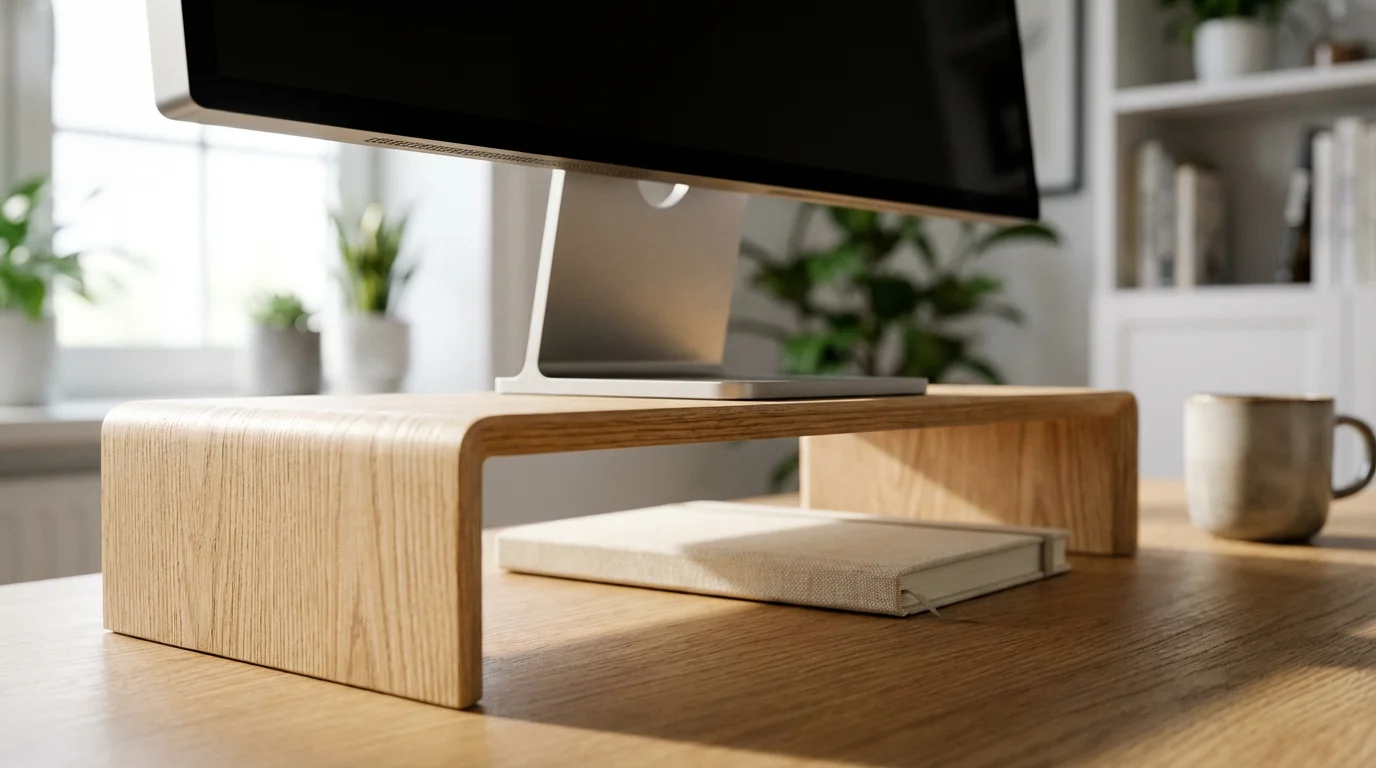 Wooden monitor riser stand on desk elevating screen for ergonomic viewing height.