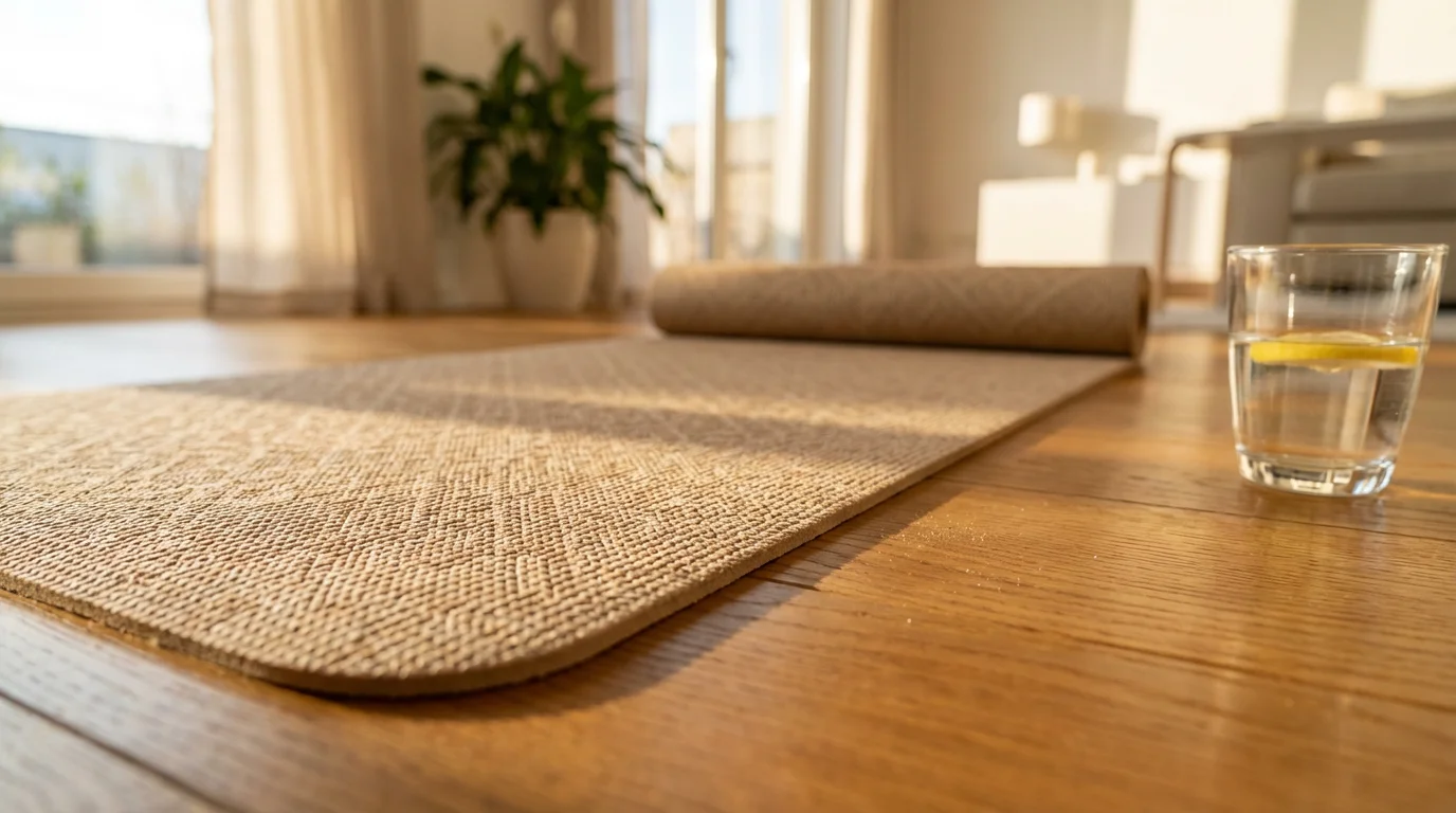 Yoga mat and water glass on wooden floor bathed in warm morning sunlight.