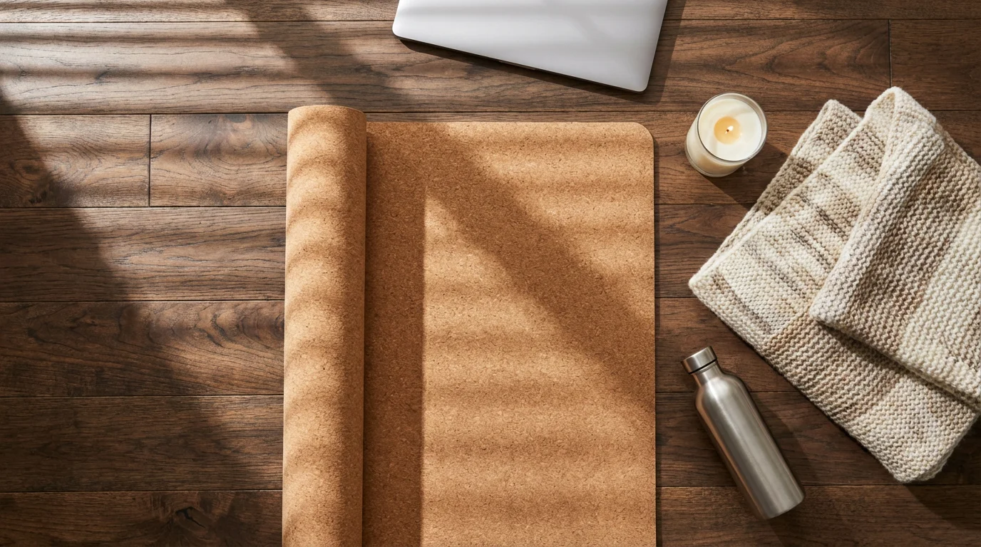 Yoga mat, candle, and closed laptop on wooden floor with dramatic afternoon shadows.