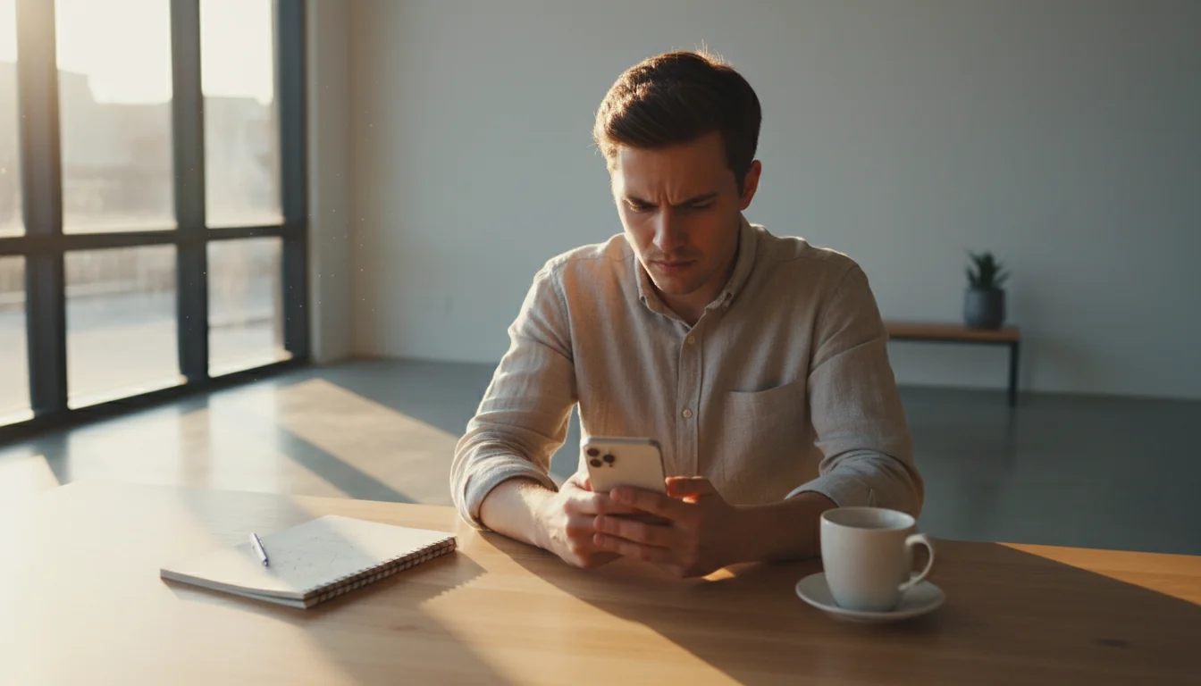 A young professional gazes intently at a glowing smartphone in a sunlit, minimalist office, a neglected notebook nearby.
