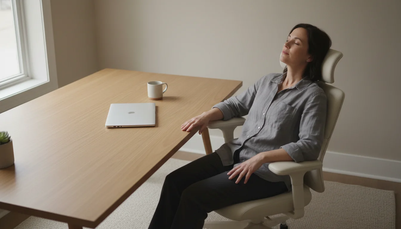 A young professional slumped in a chair at a minimalist desk with a closed laptop, appearing fatigued.