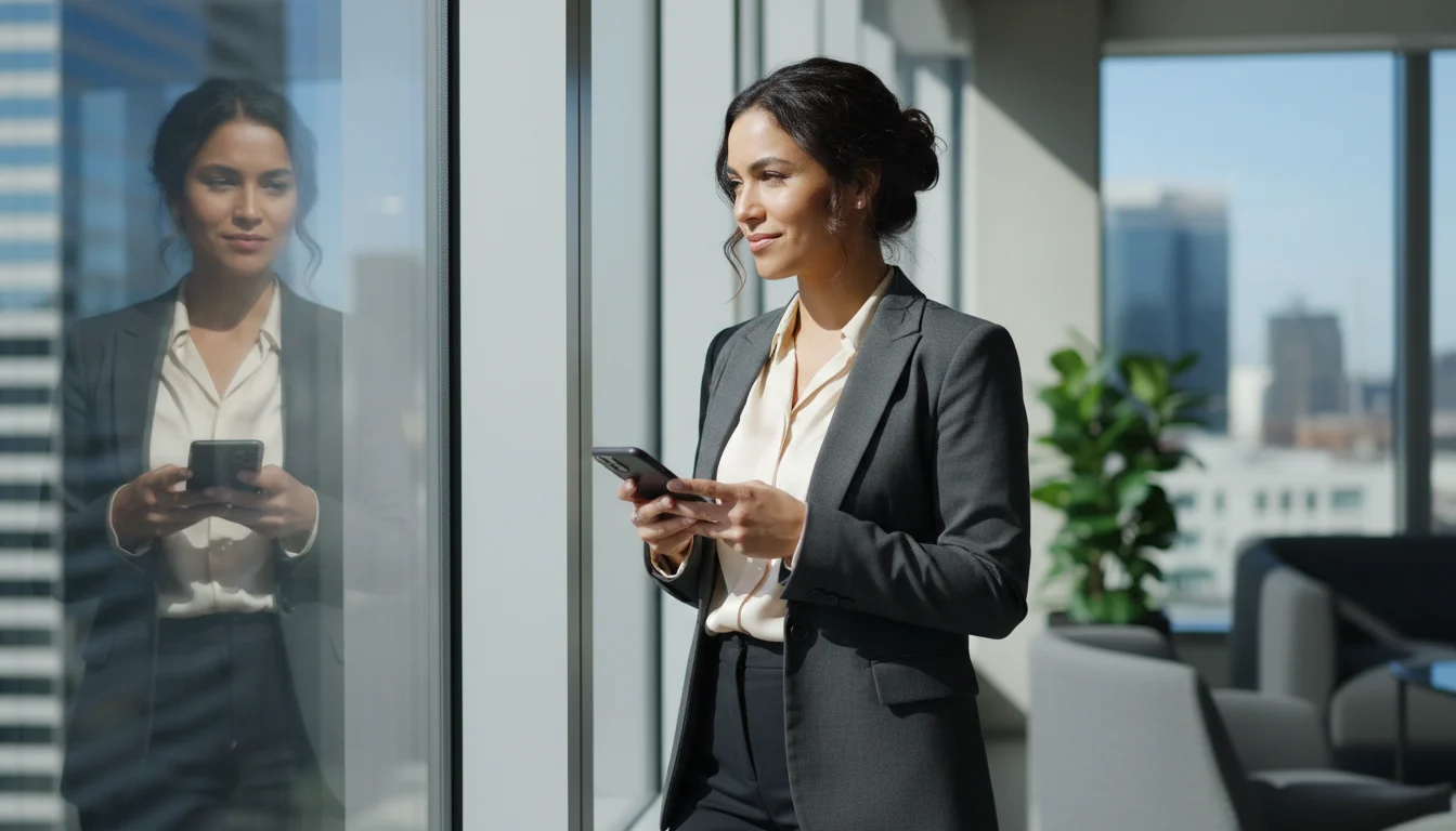 A young professional stands by an office window, their expression shifting from thoughtful worry to calm resolve.