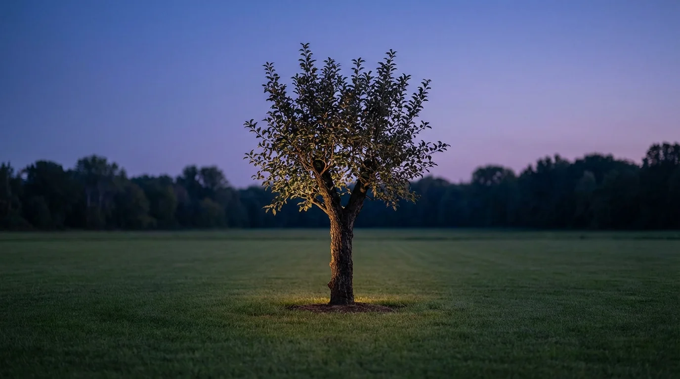 Young tree sapling illuminated at blue hour representing long-term growth and future impact.