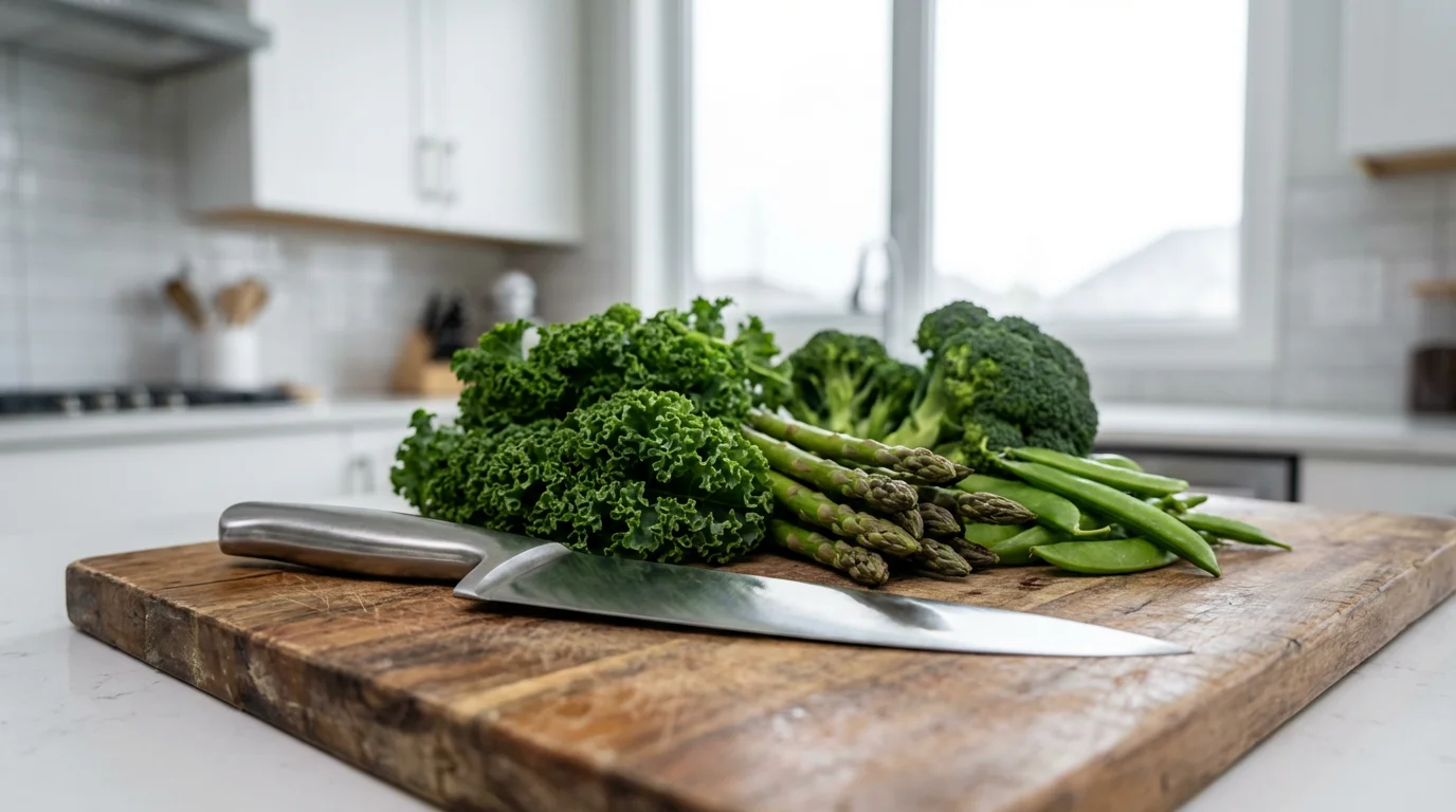 Chef's knife and fresh vegetables on a wooden cutting board in a bright kitchen