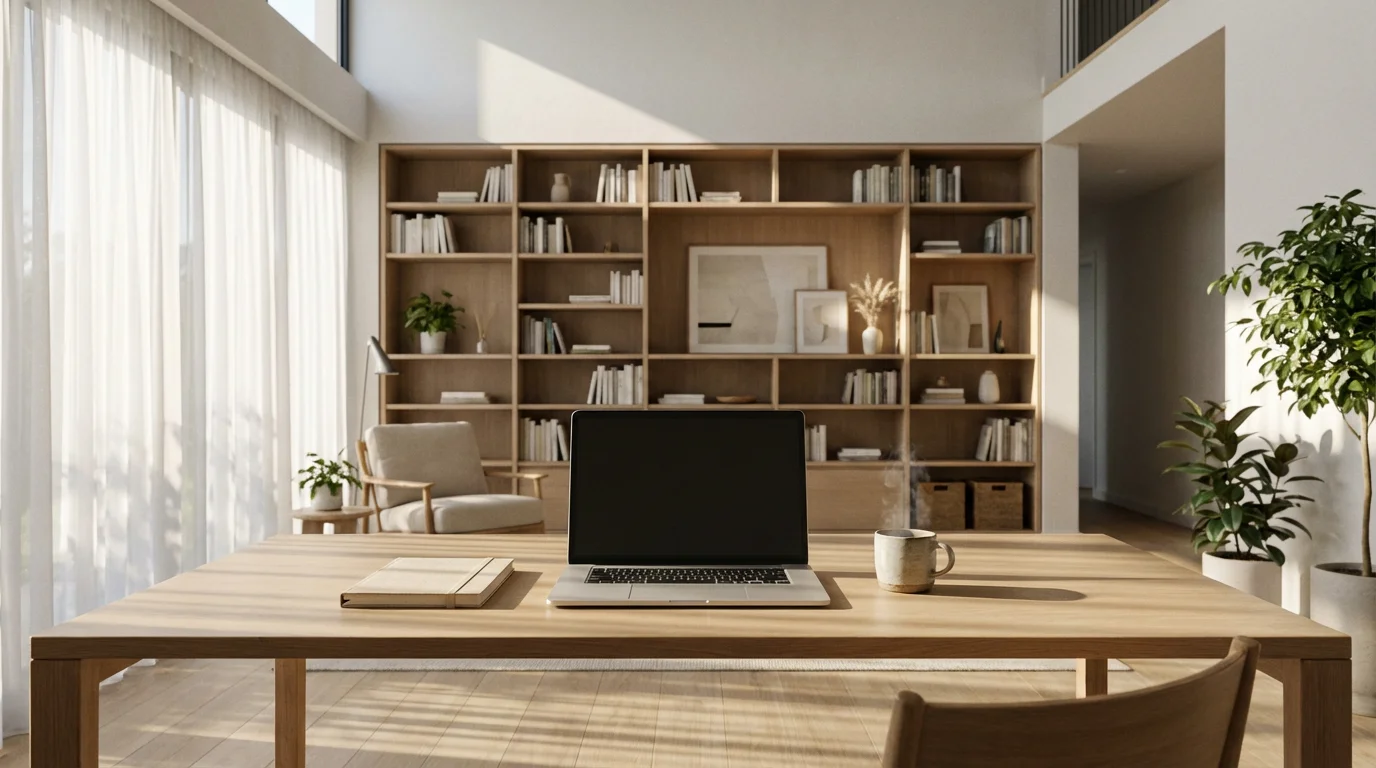 Clean and organized modern home office desk bathed in soft morning sunlight.