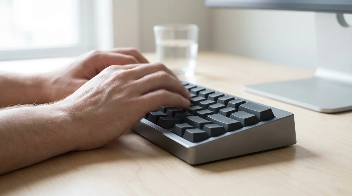 Close-up eye-level view of hands typing on a minimalist keyboard in soft morning light.