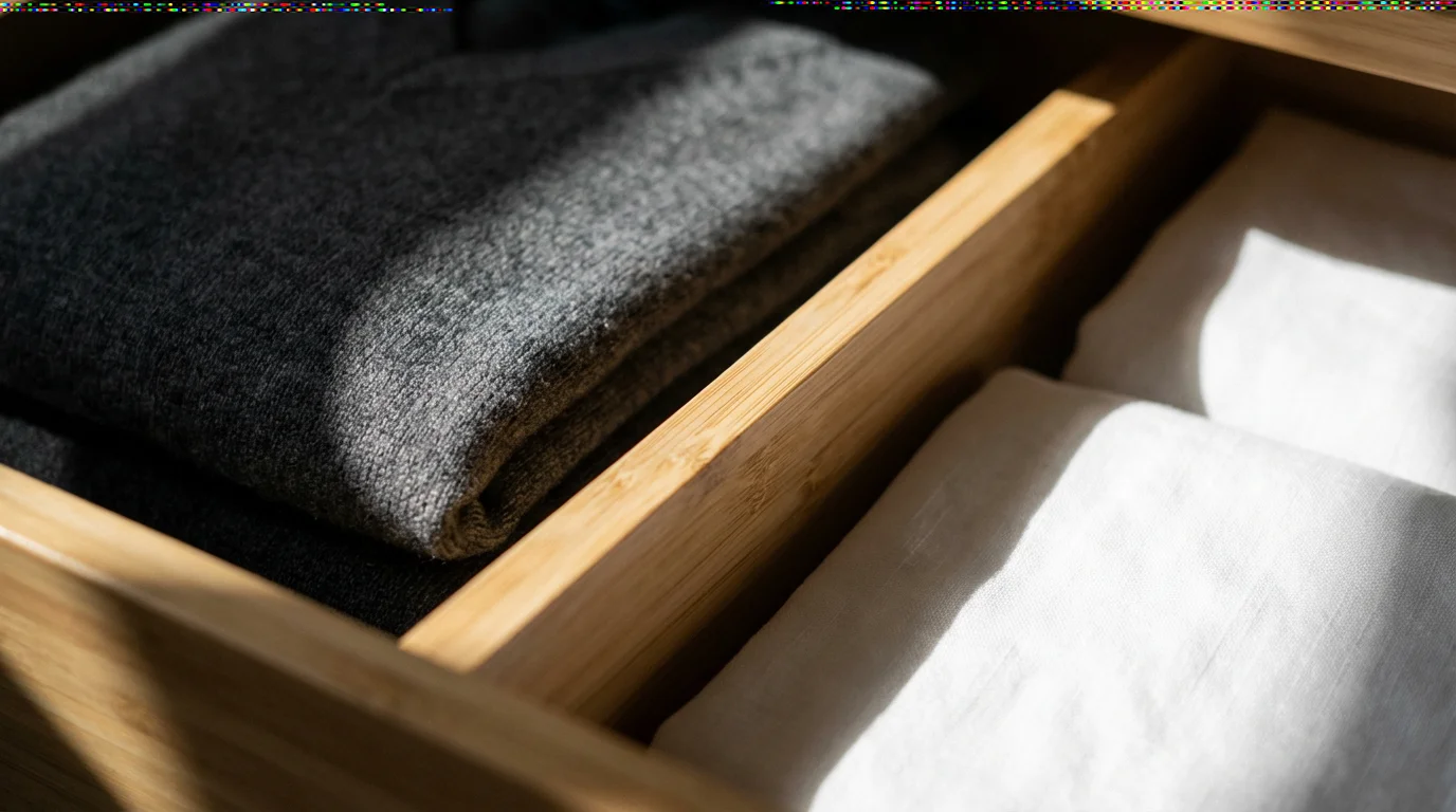 Close-up macro of bamboo drawer dividers organizing folded sweaters and linens.