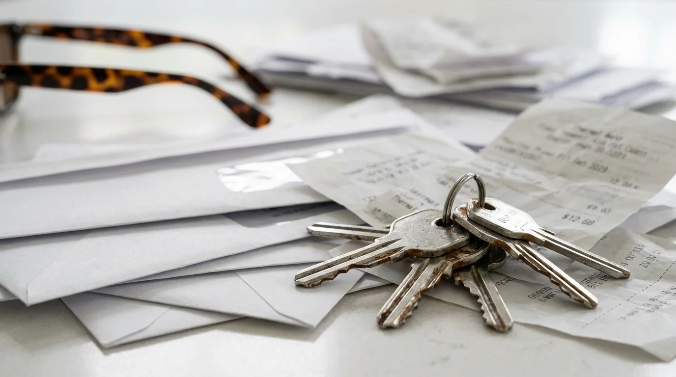Close-up macro photo of cluttered keys, mail, and receipts on a kitchen counter.