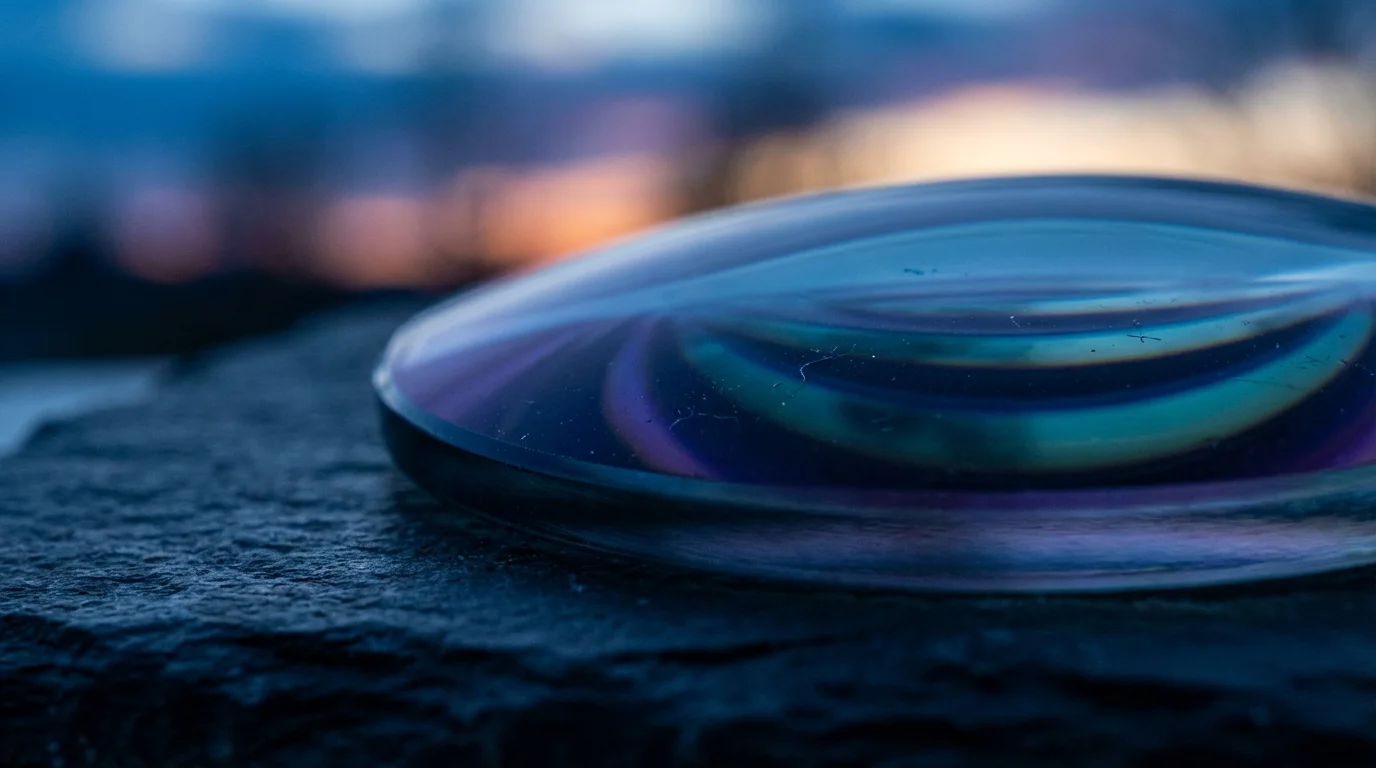 Close-up macro shot of a glass lens reflecting blue evening light.