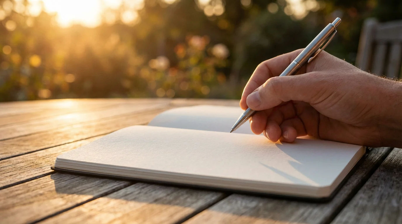 Close-up of a hand holding a pen over a notebook in warm sunlight.