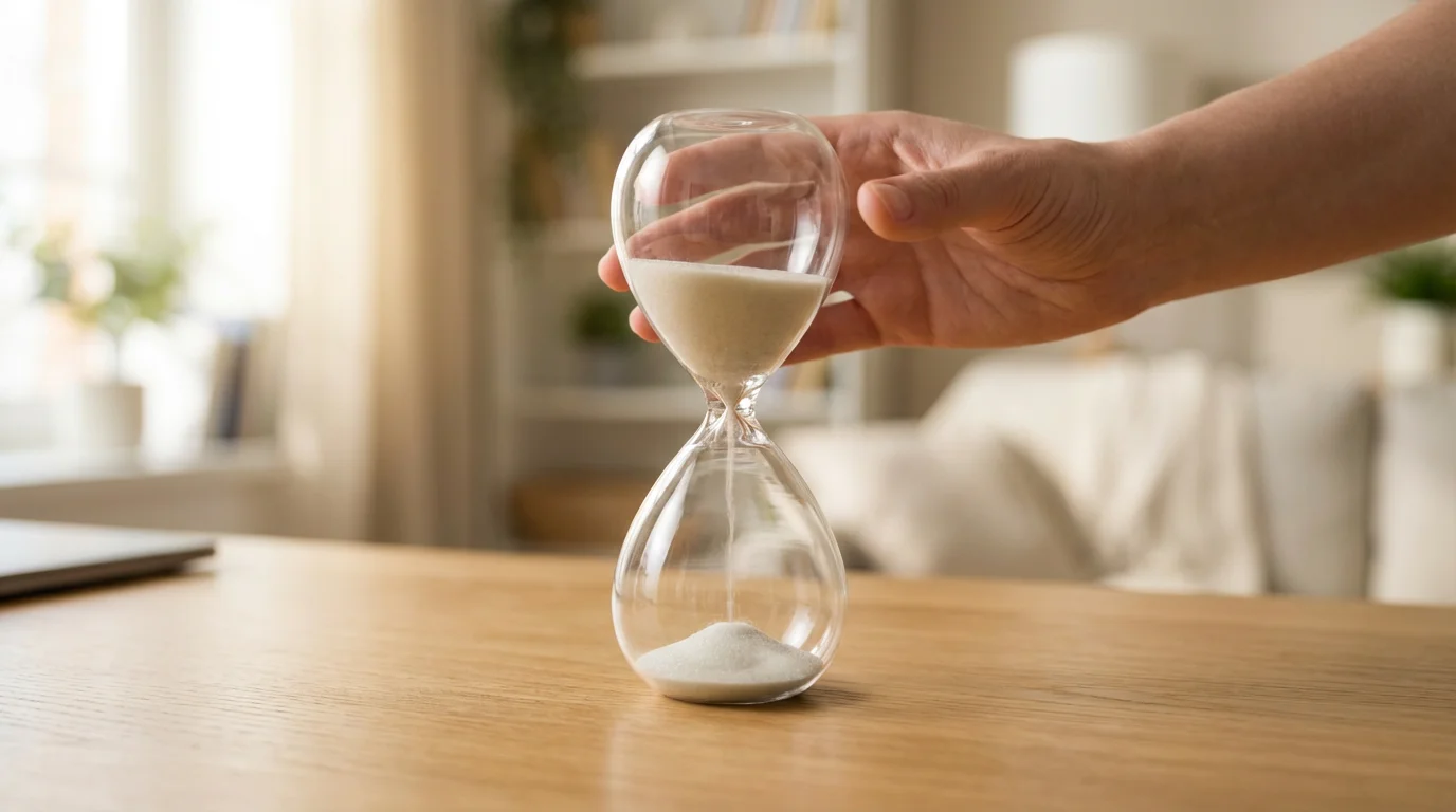 Close-up of a hand setting a glass hourglass on a desk to start work.