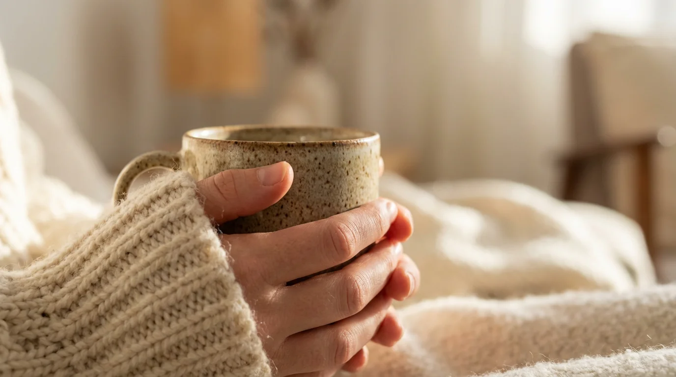 Close-up of hands in knit sweater holding warm ceramic mug in natural light.