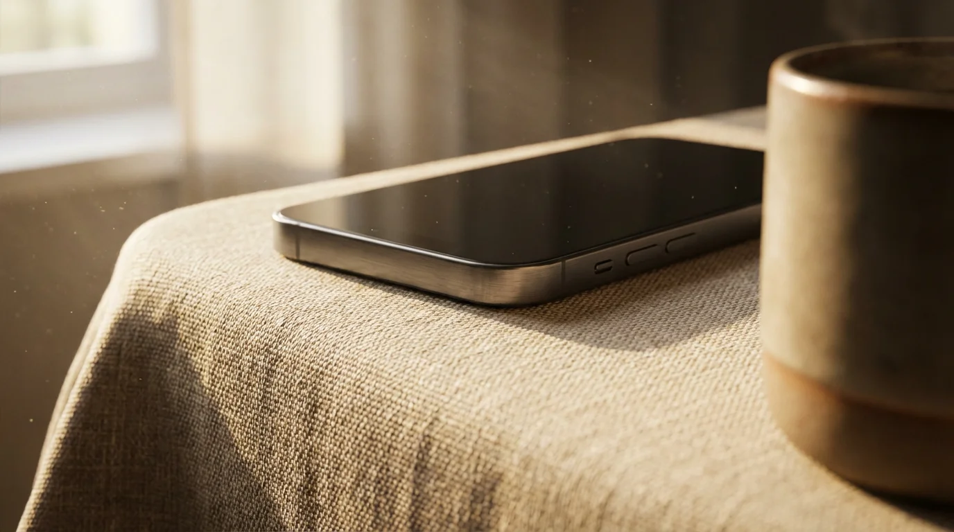 Close-up of phone face down on linen table in soft morning sunlight.