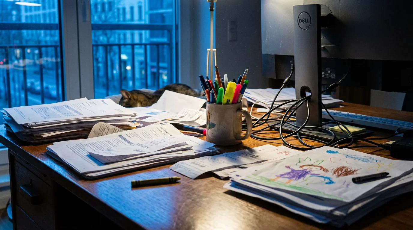 Cluttered home office desk with piles of paper and tangled cords before organization.