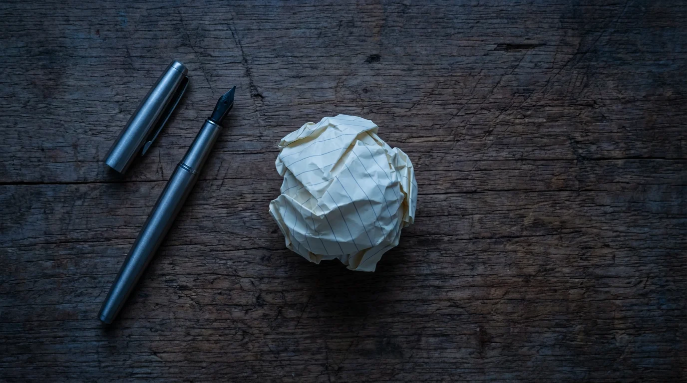 Crumpled paper on dark desk representing abandoned New Year's resolutions and failed goals