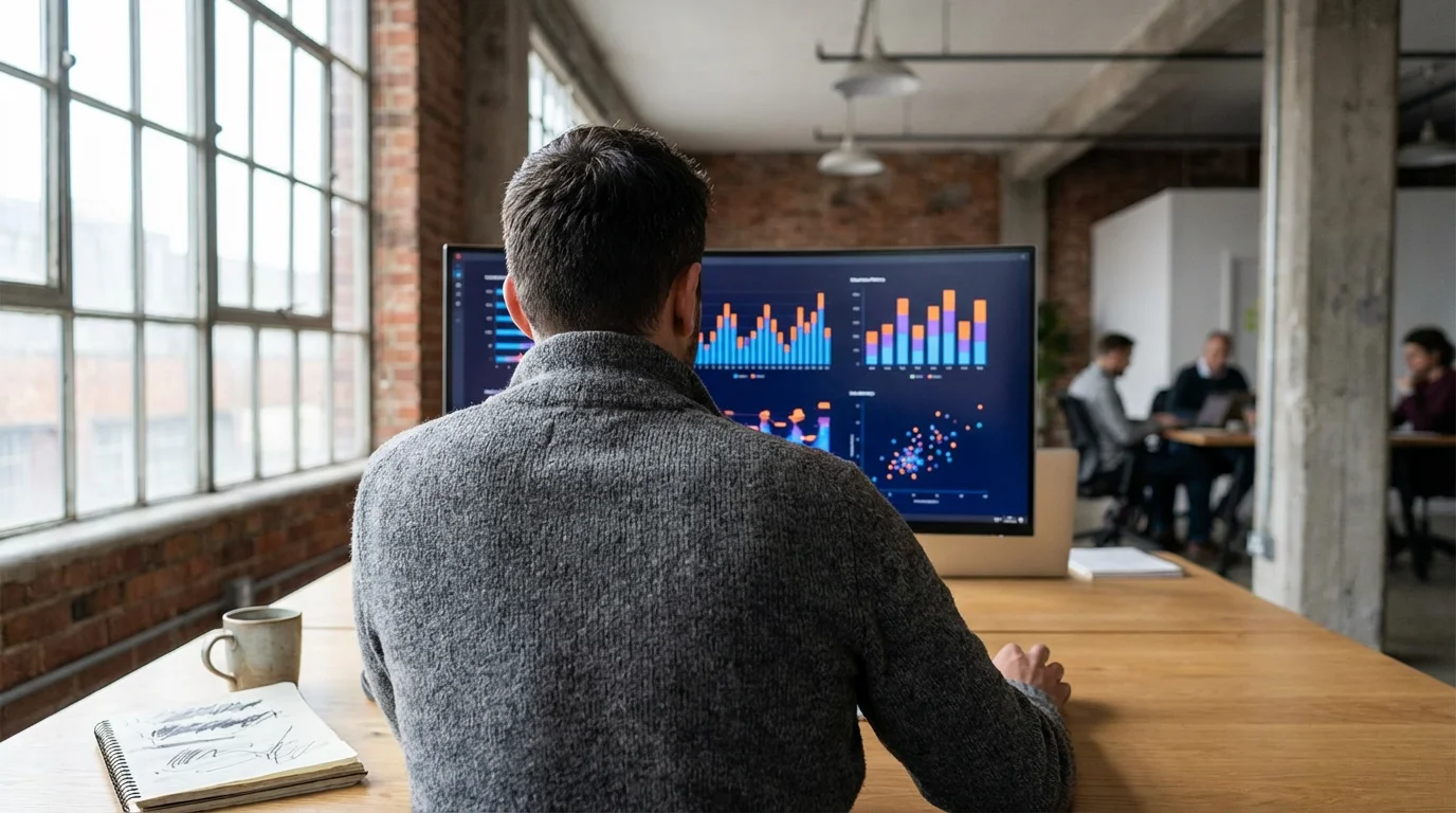 Entrepreneur analyzing abstract data charts on a computer screen in a modern office.