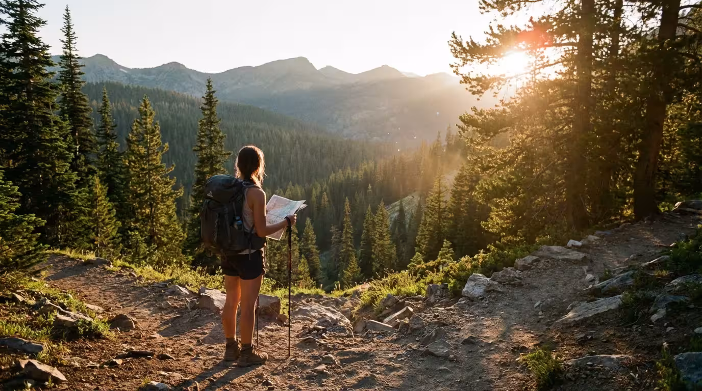 Female hiker looking at map on mountain trail at sunset symbolizing adaptability.