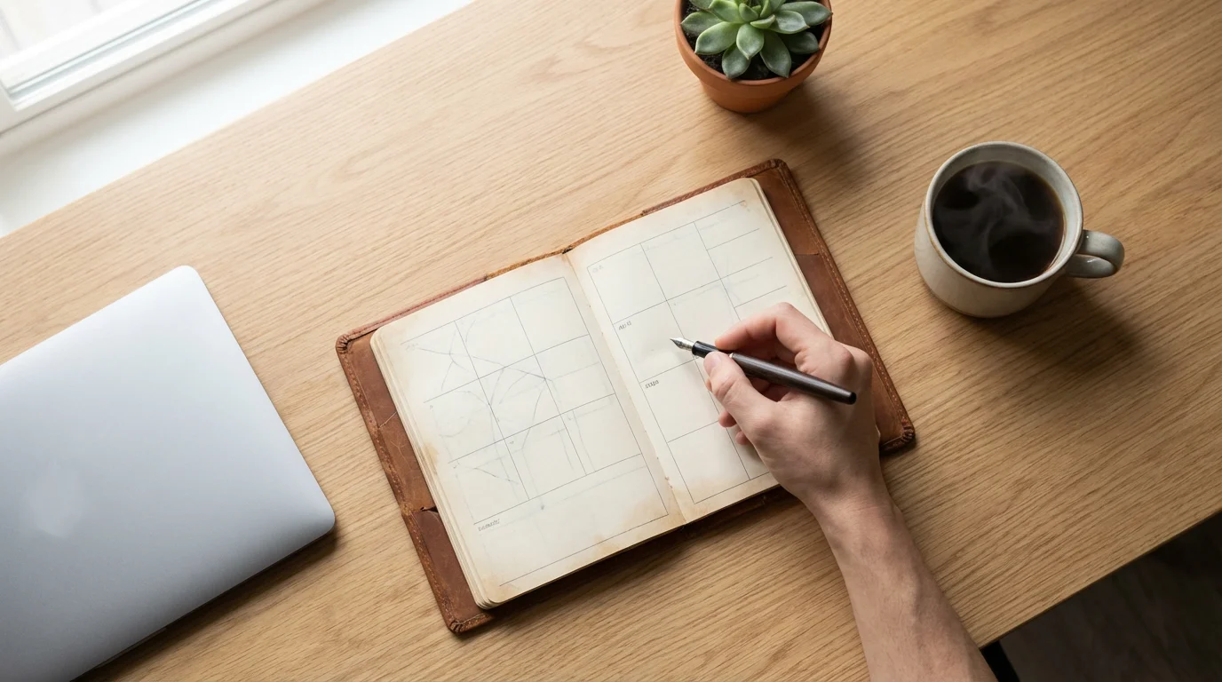 Flat lay of a hand writing in a weekly planner on a desk with coffee