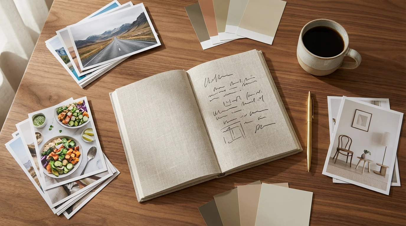 Flat lay of a journal, pen, and photos on a wooden desk for planning.