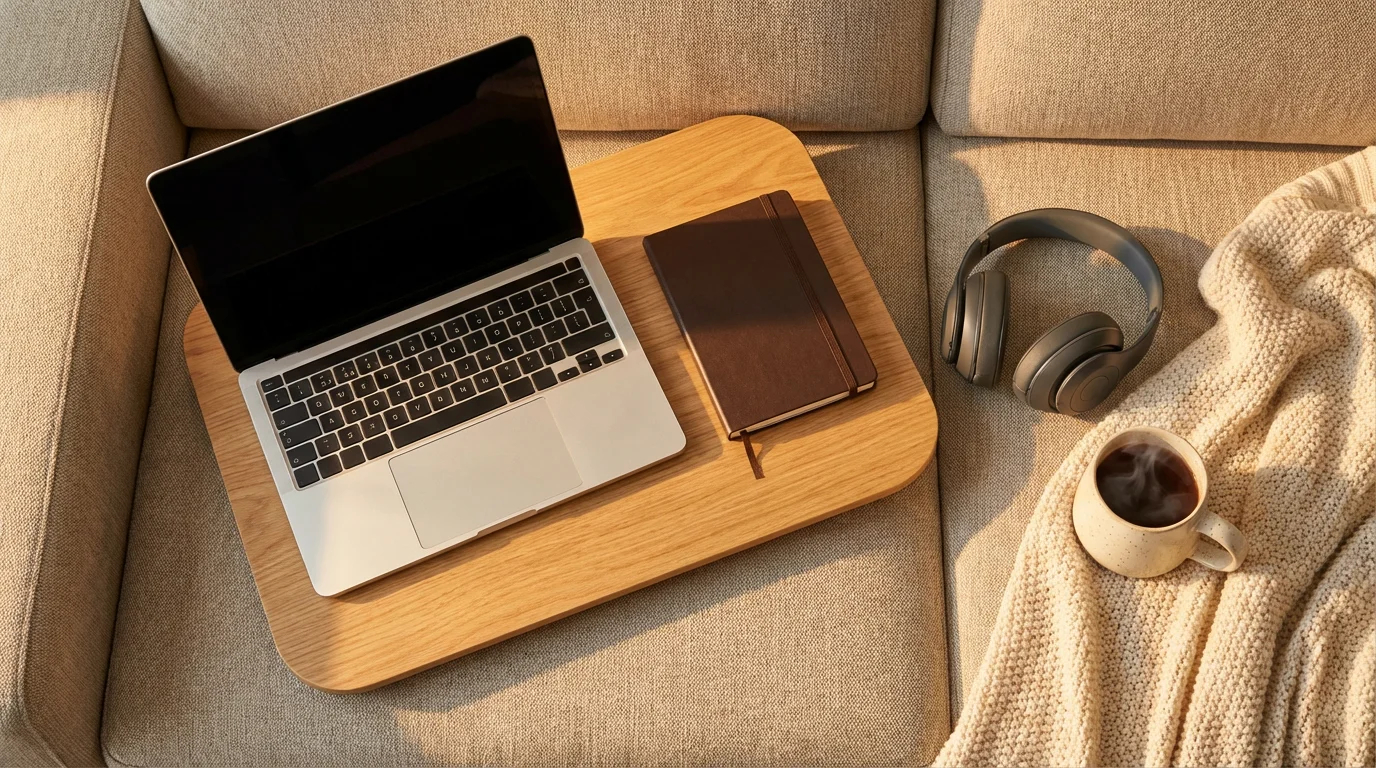 Flat lay of a portable lap desk and laptop on a sofa in warm sunlight.