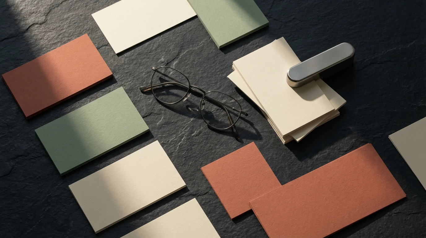 Flat lay of blank colored cards sorted on a dark desk with glasses and dramatic shadows.