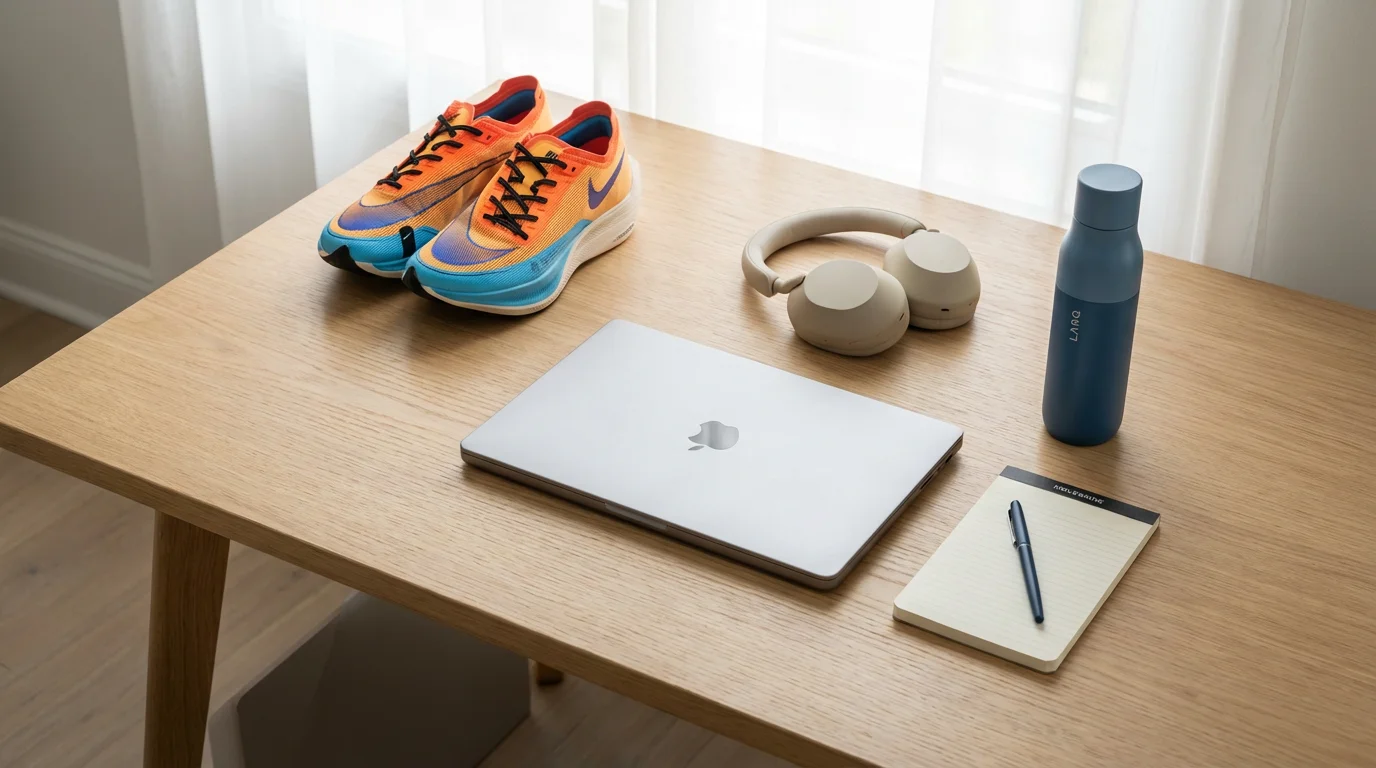 Flat lay of closed laptop next to running shoes and headphones on a desk.