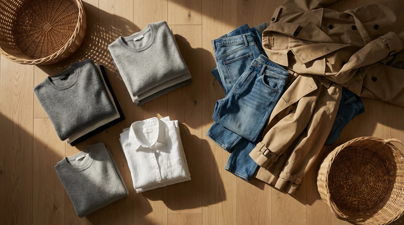 Flat lay of clothes sorted into piles on a wooden floor during a decluttering session.