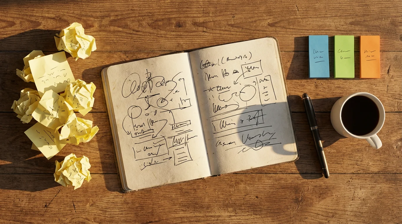 Flat lay of desk with notebook and sticky notes organized by priority in golden light.