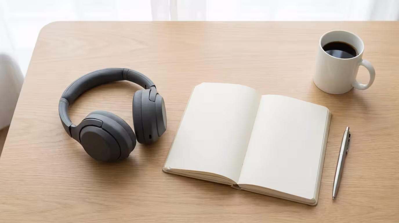 Flat lay of headphones and open notebook on a clean desk representing single-tasking focus.