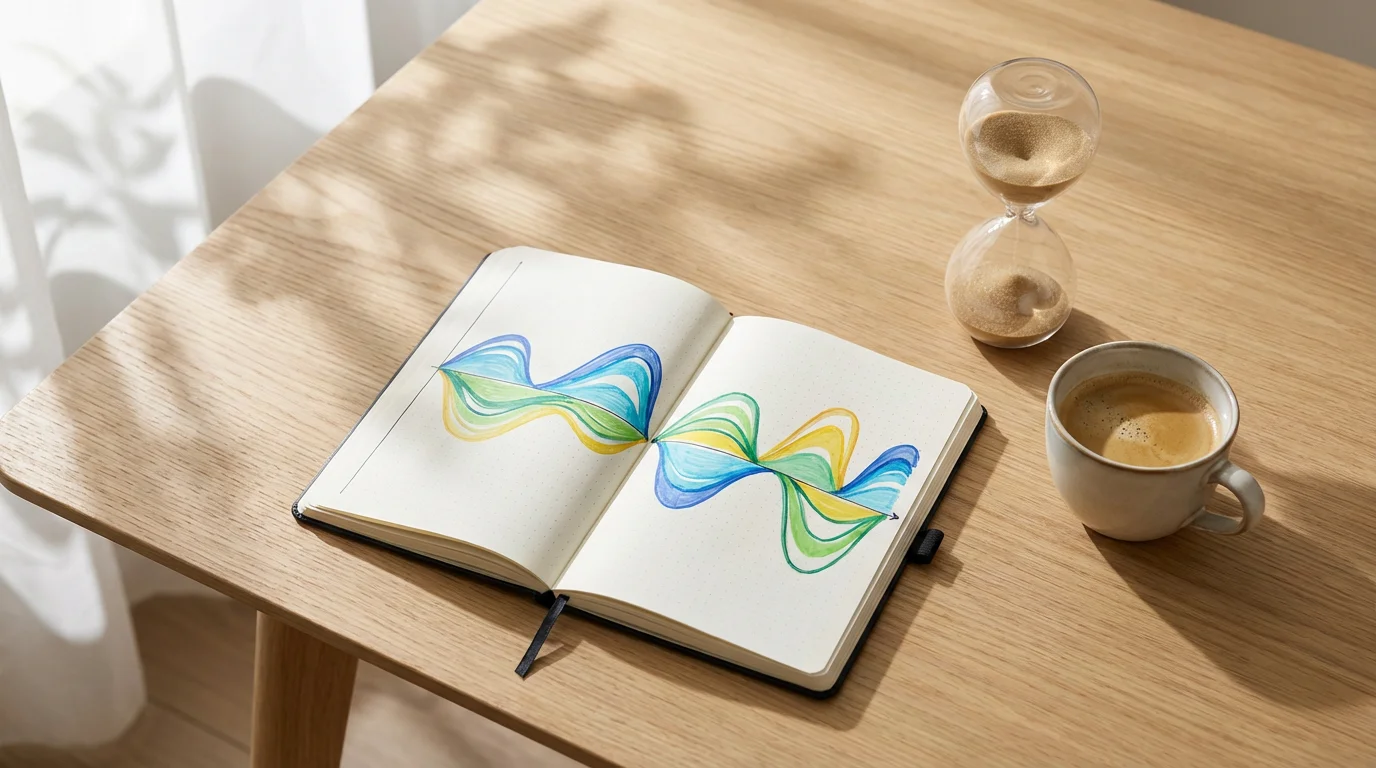 Flat lay of journal and hourglass on desk symbolizing biological rhythms and time management.