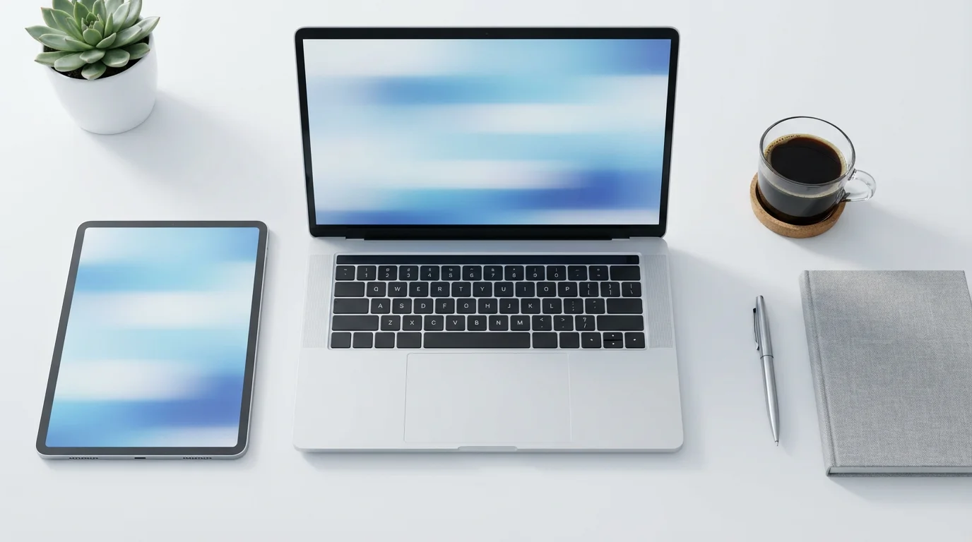 Flat lay of laptop and tablet on white desk with coffee and plant