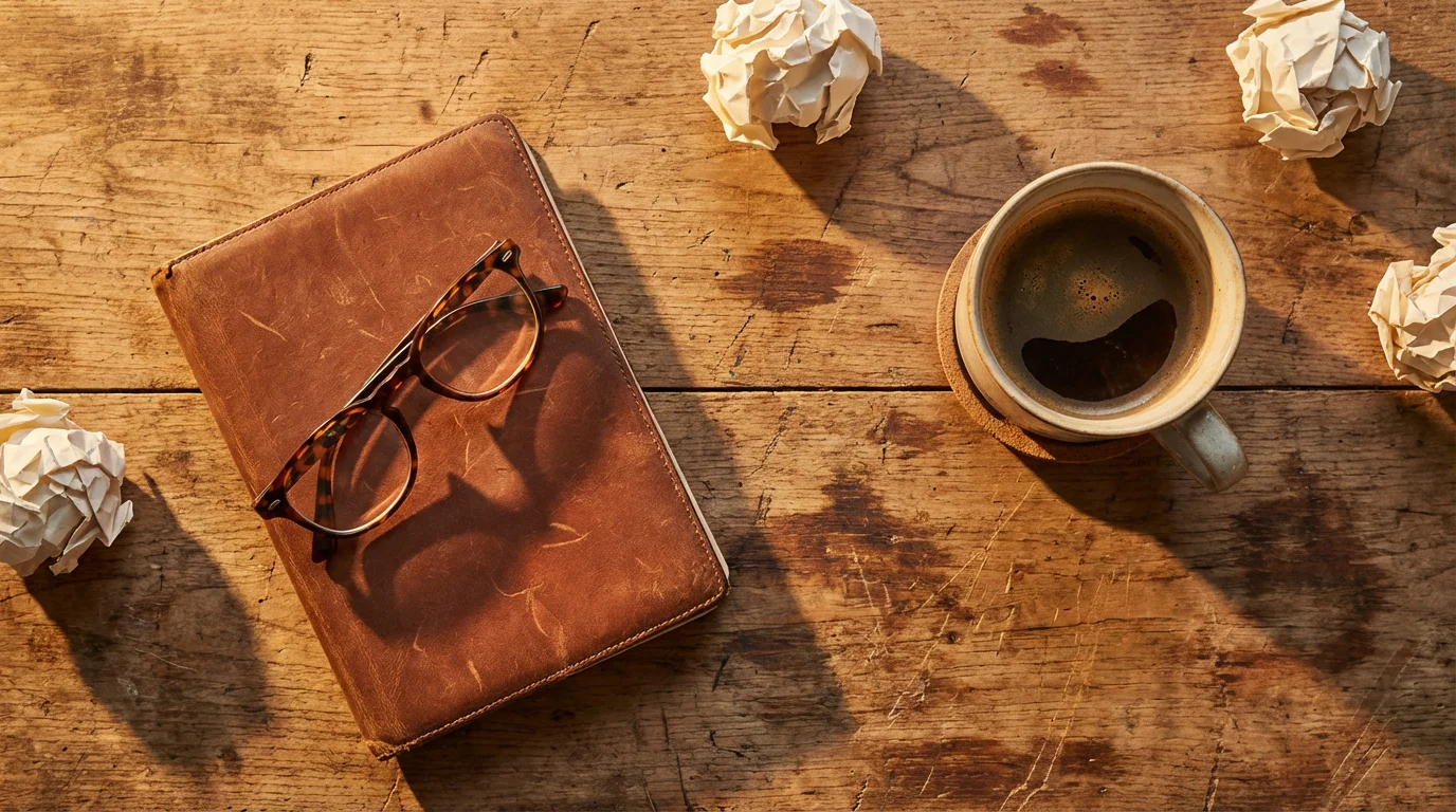Flat lay of messy desk with glasses, coffee, and crumpled paper in golden light.