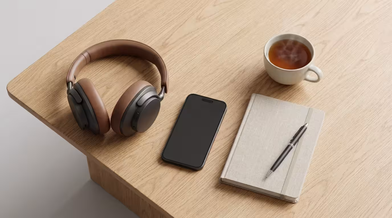 Flat lay of noise-canceling headphones and a face-down smartphone on a wooden desk.