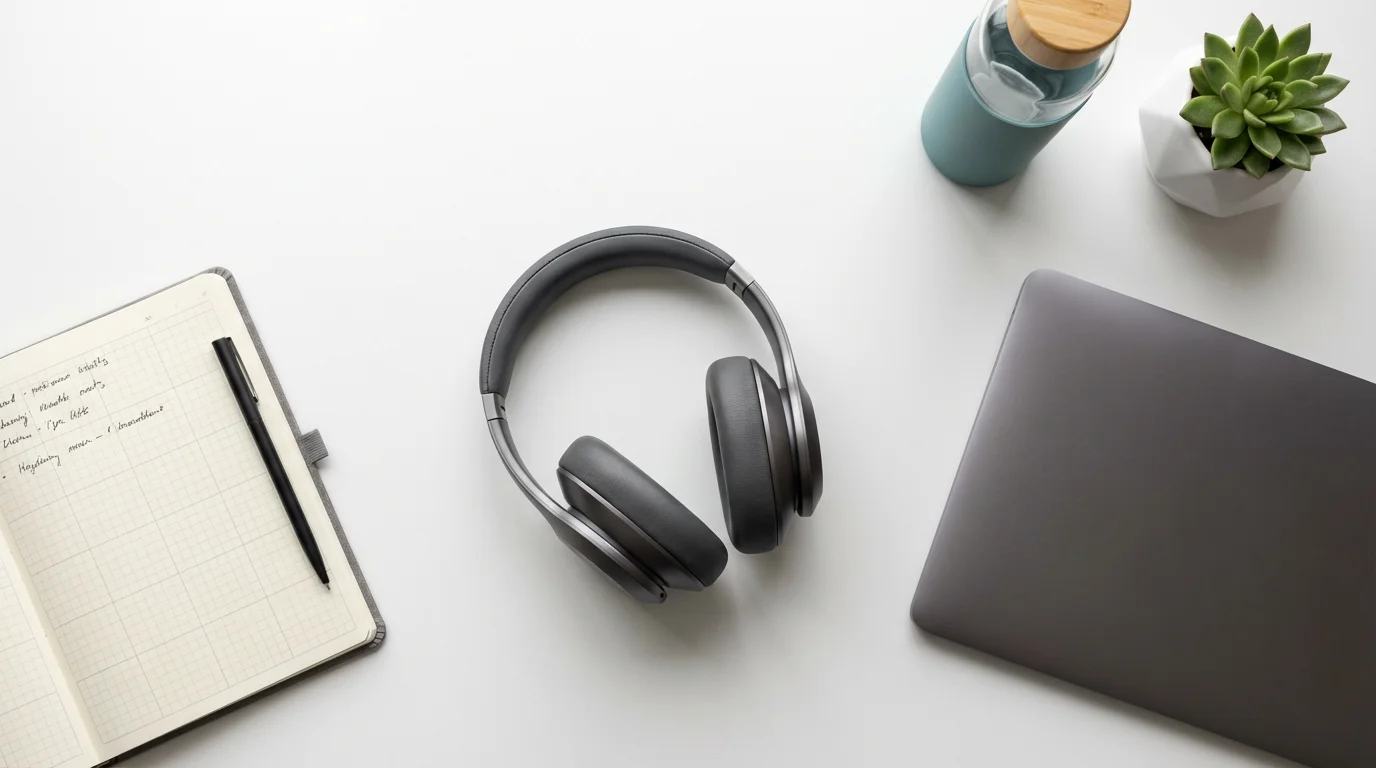 Flat lay of noise-canceling headphones, laptop, and notebook on a white desk.