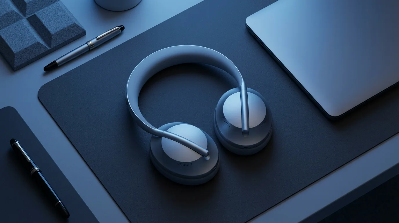 Flat lay of noise-canceling headphones on a minimalist desk during cool blue evening lighting.