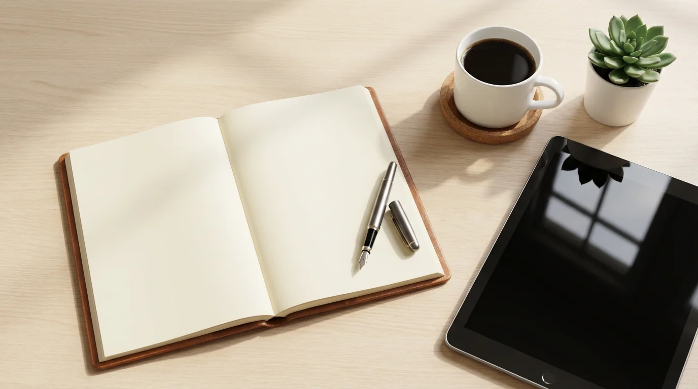 Flat lay of notebook, pen, coffee and plant on wooden desk in soft morning light.