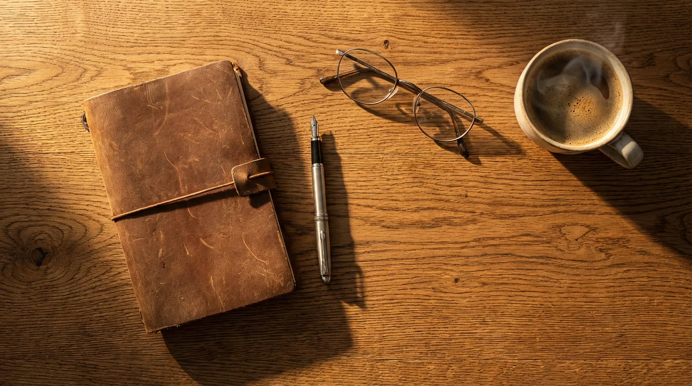 Flat lay of notebook, pen, glasses, and coffee on a wooden desk in sunlight