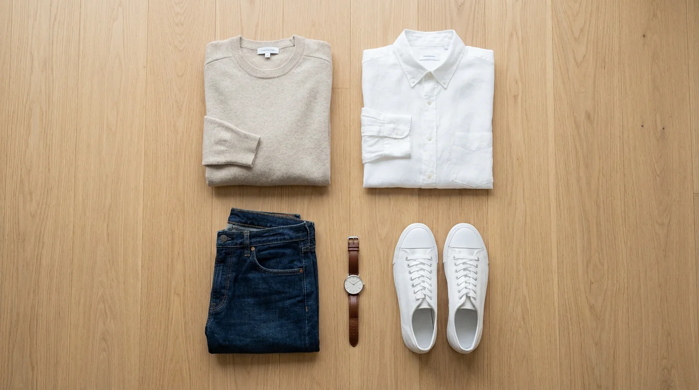 Flat lay of organized capsule wardrobe essentials including jeans, sweater, and white shirt.