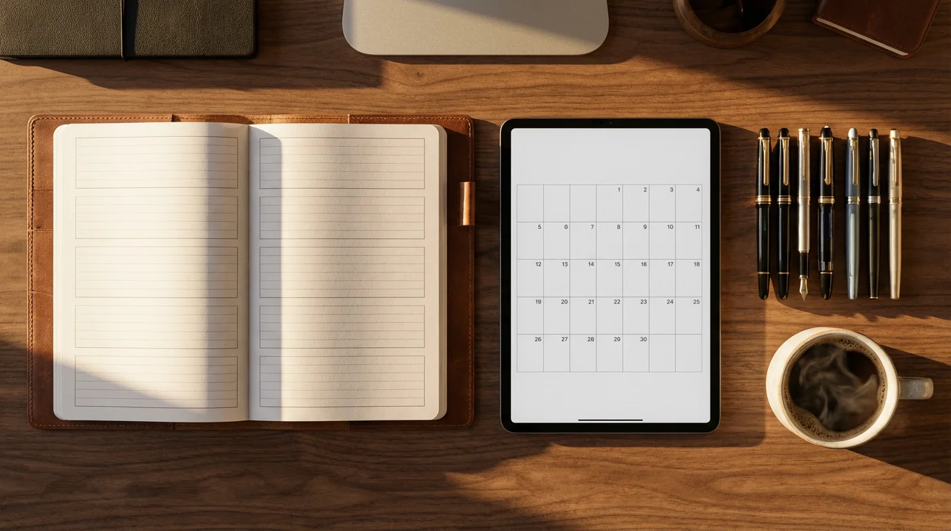 Flat lay of organized desk with notebook, tablet, and coffee in golden sunlight.