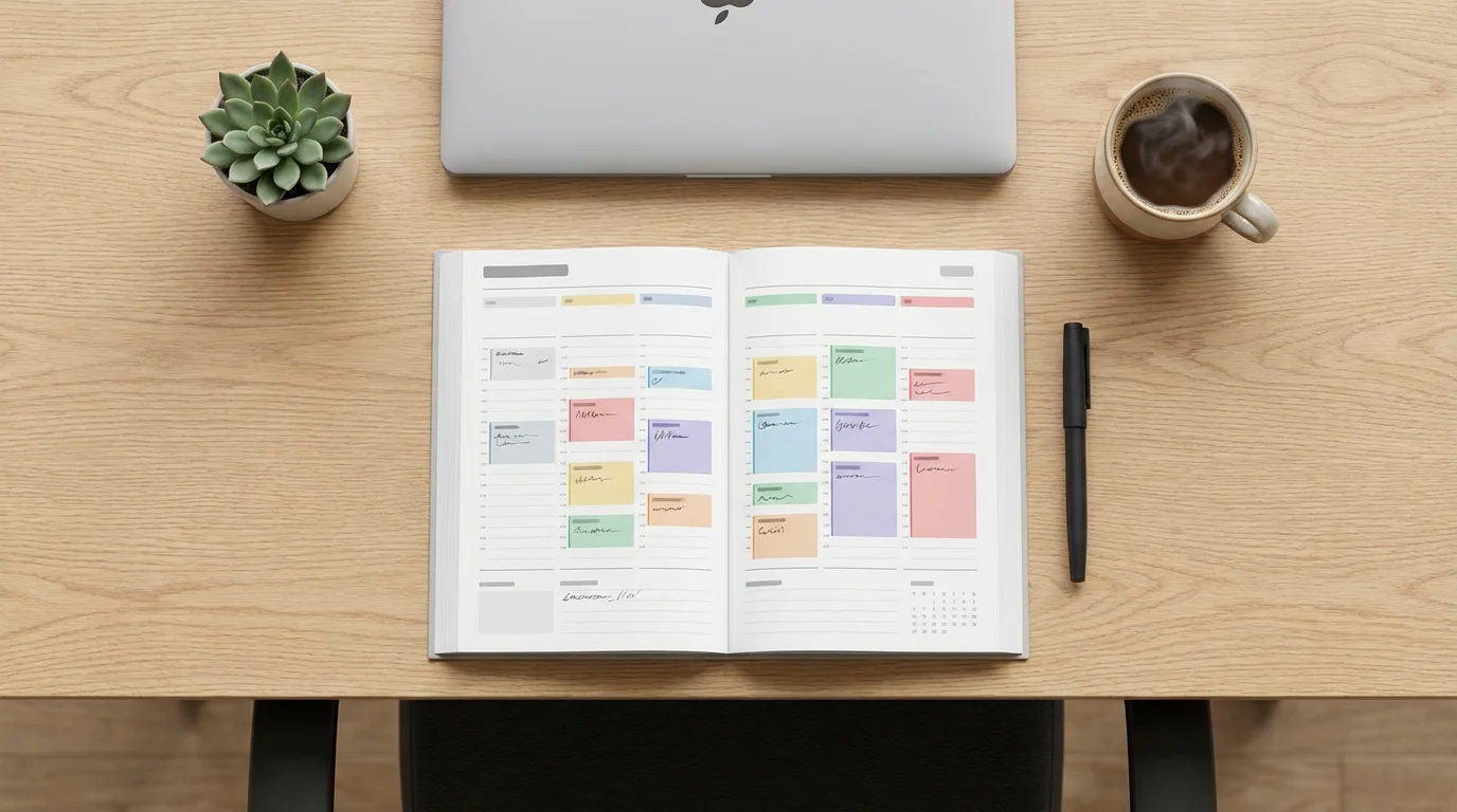 Flat lay of organized desk with planner, coffee, and laptop representing time management.