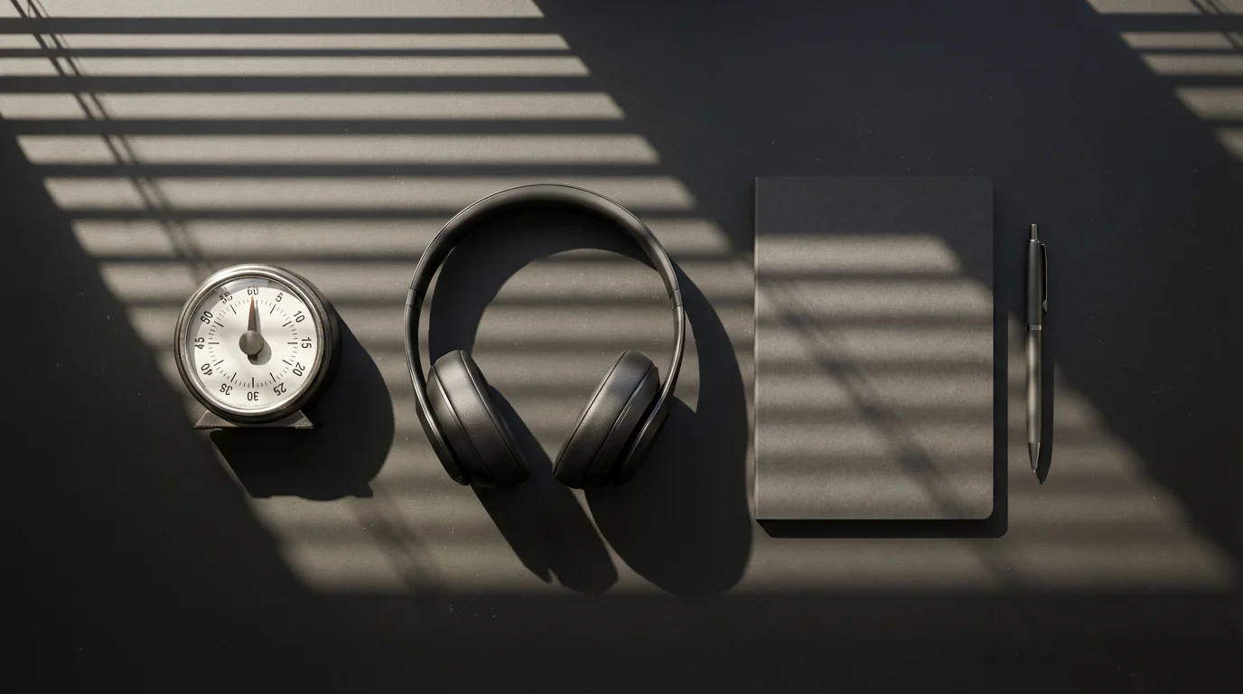 Flat lay of organized desk with timer, headphones, and notebook in dramatic moody lighting.