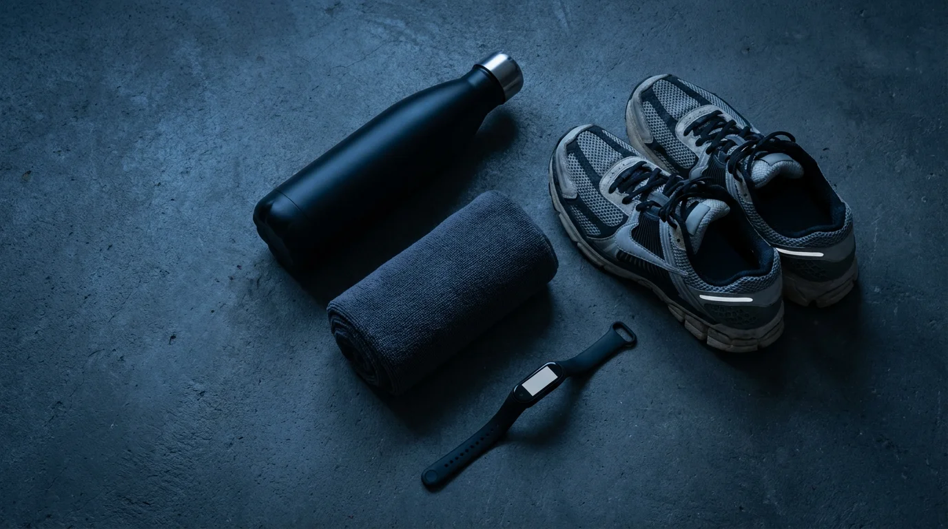 Flat lay of running shoes and fitness gear arranged on concrete during blue hour.